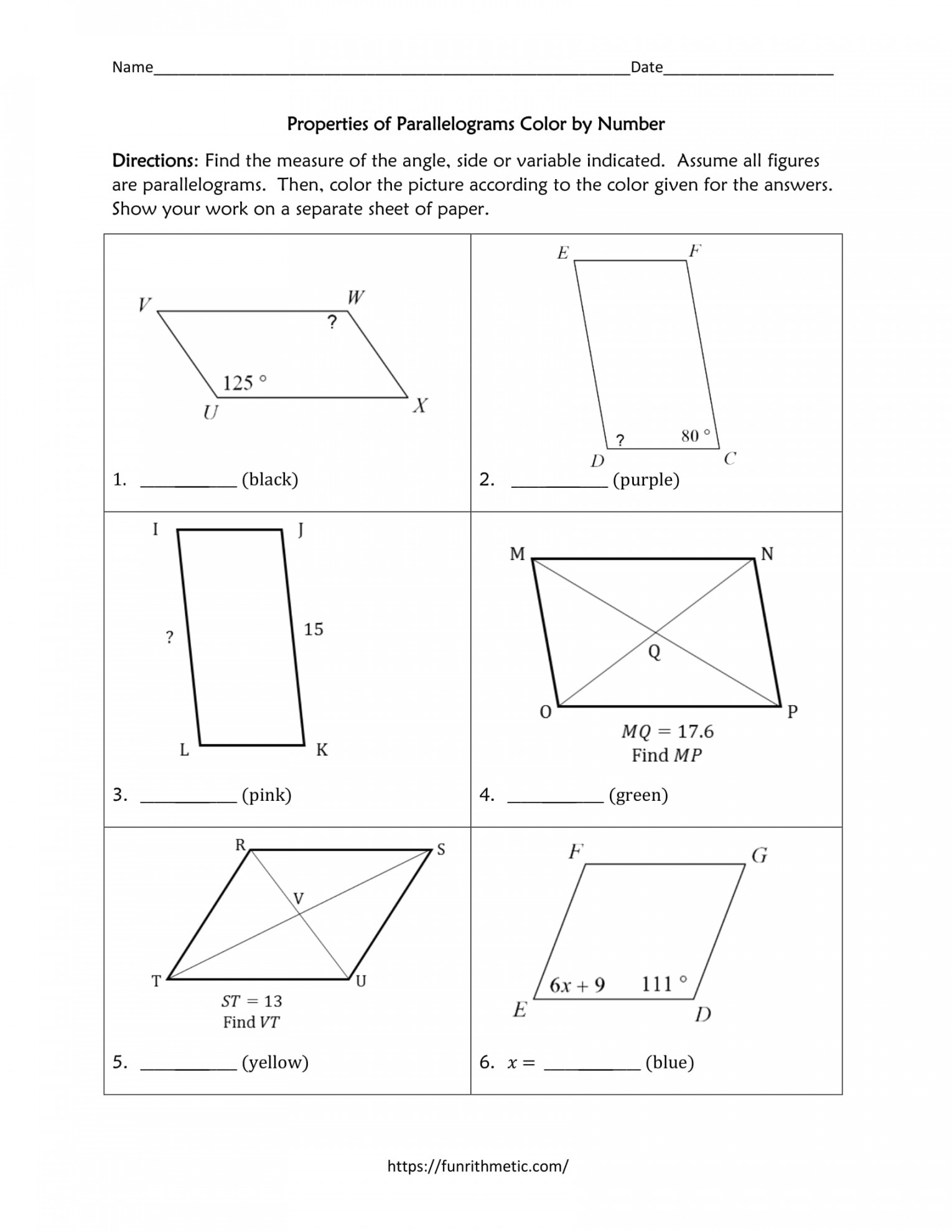 Properties of Parallelograms Color by Number