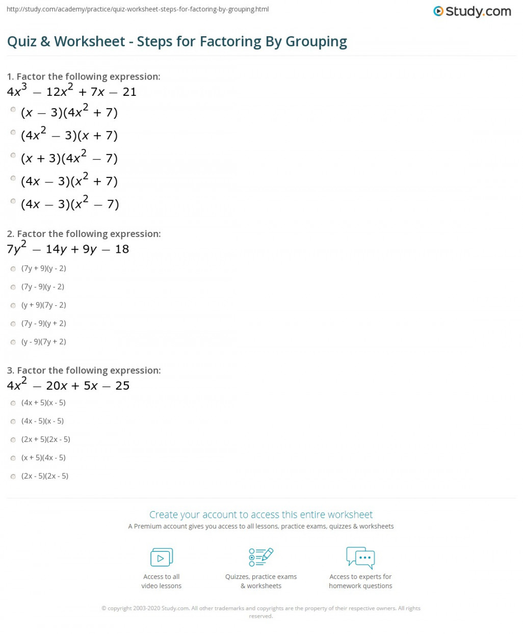 Quiz & Worksheet - Steps for Factoring By Grouping  Study