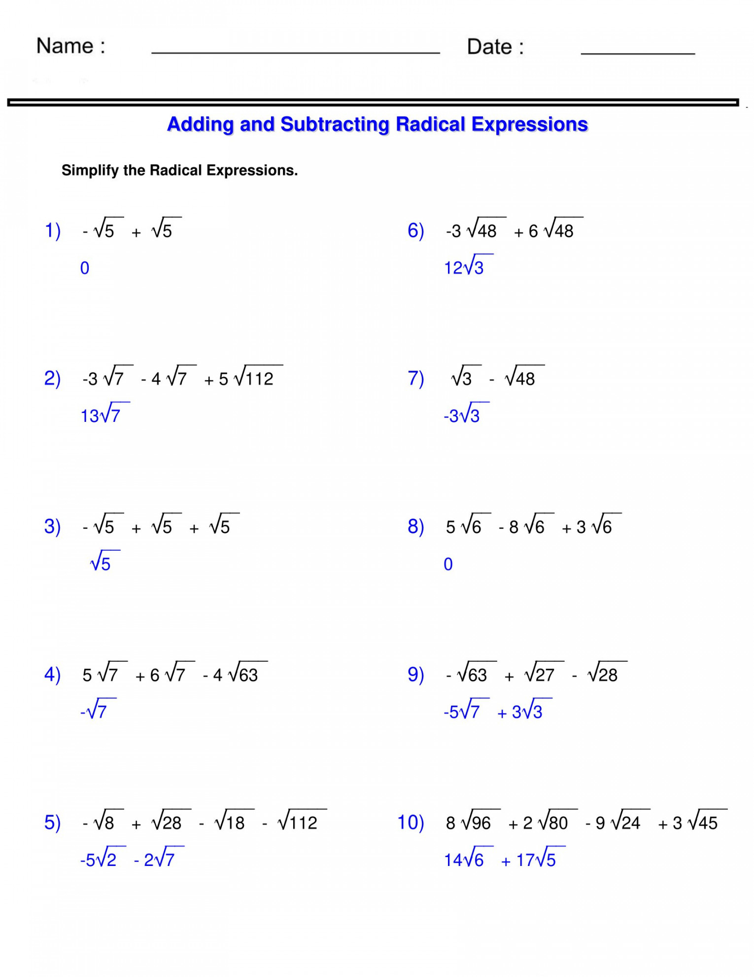 Radicals Worksheets - Adding and Subtracting Radical Expressions