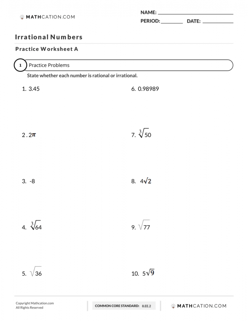 Rational And Irrational Numbers Worksheet, Difference, And Examples