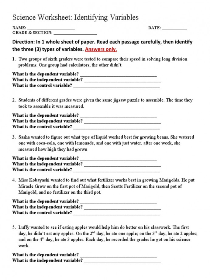 Science Worksheet: Identifying Variables  PDF