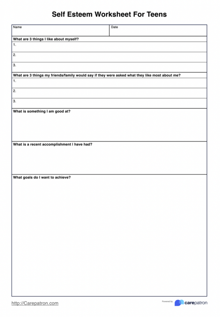 Self-esteem worksheet for teens (Examples)  Carepatron