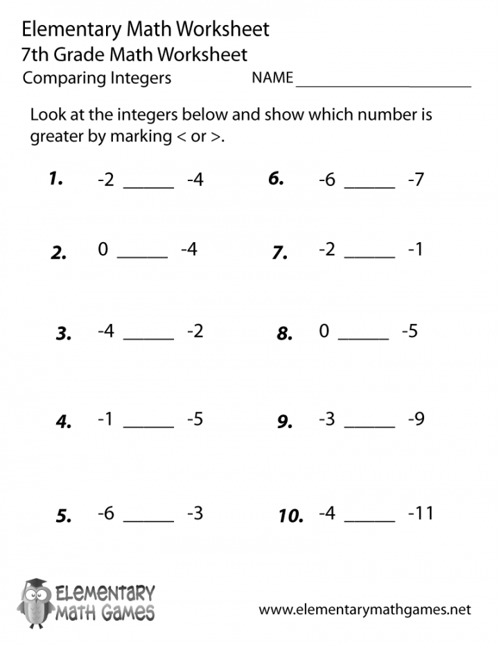 Seventh Grade Comparing Integers Worksheet