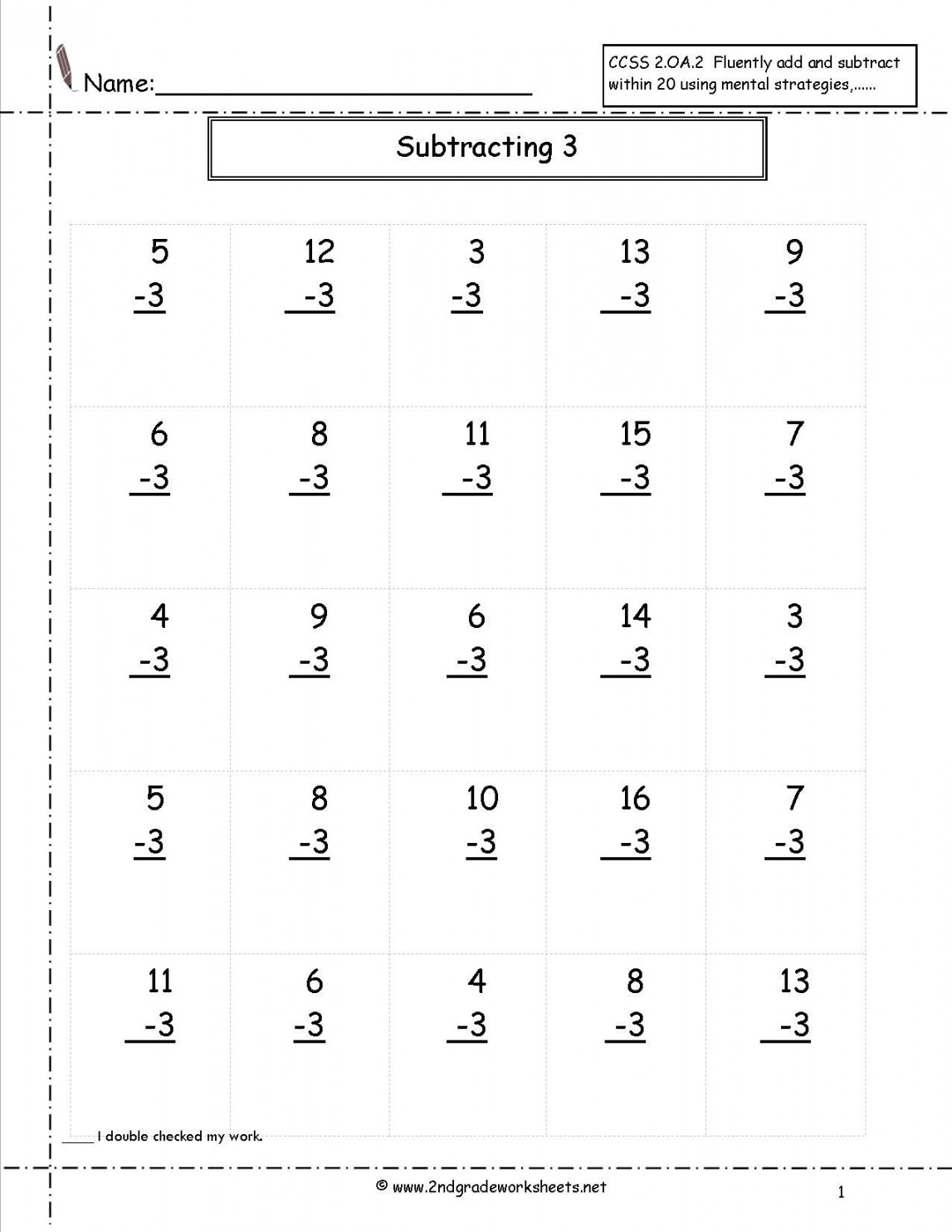 Single Digit Subtraction Fluency Worksheets  nd grade math