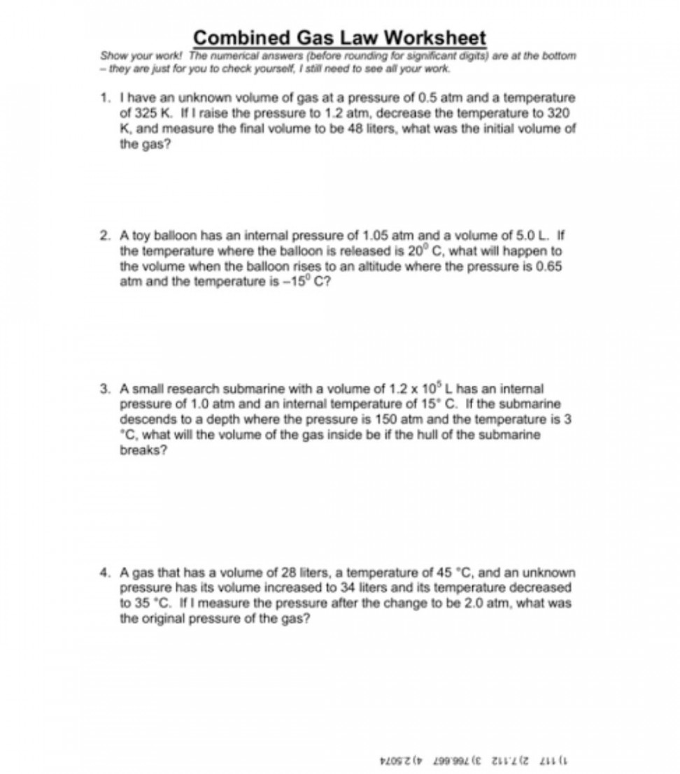 Solved Combined Gas Law Worksheet Show your work! The  Chegg