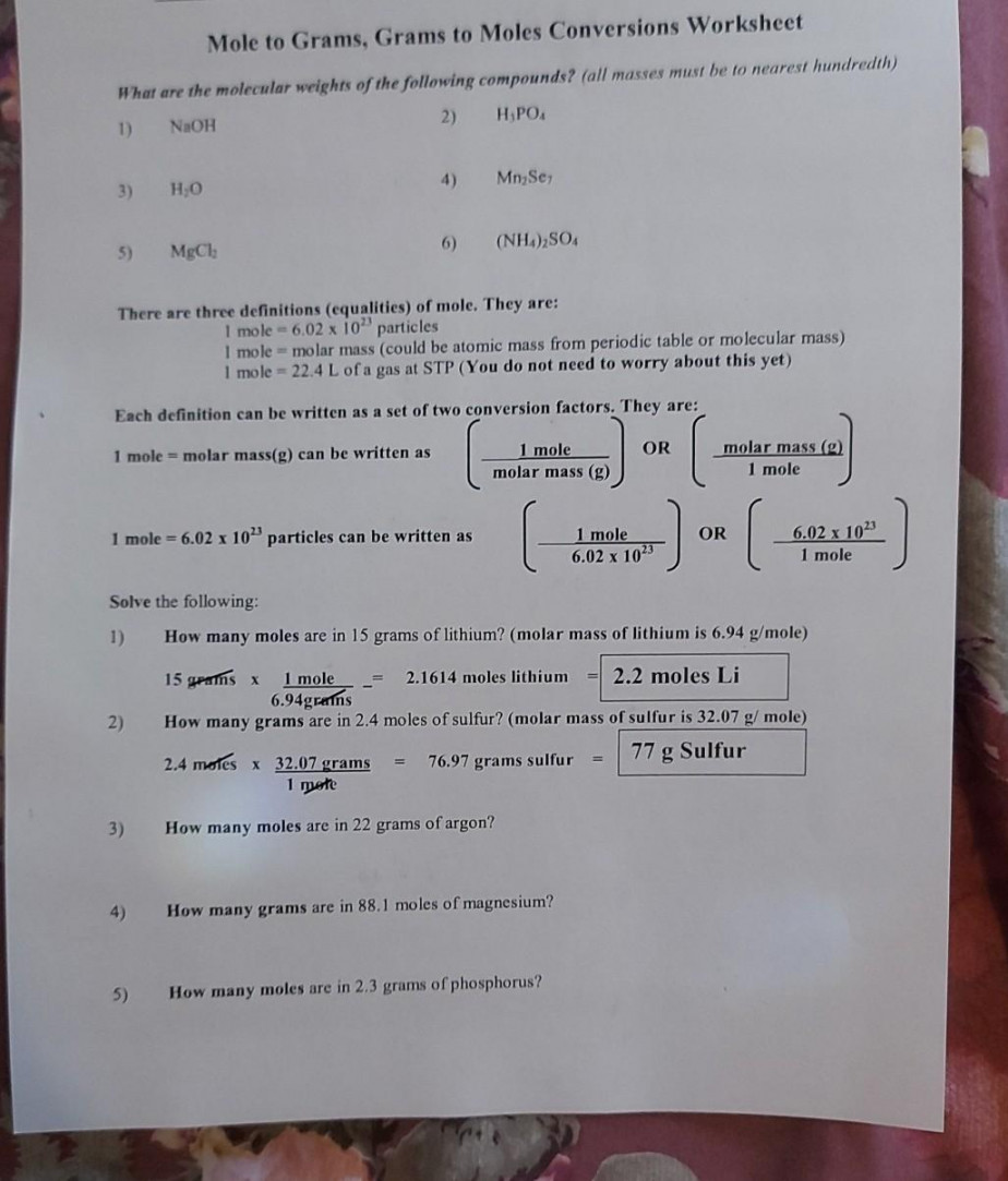 Solved Mole to Grams, Grams to Moles Conversions Worksheet  Chegg