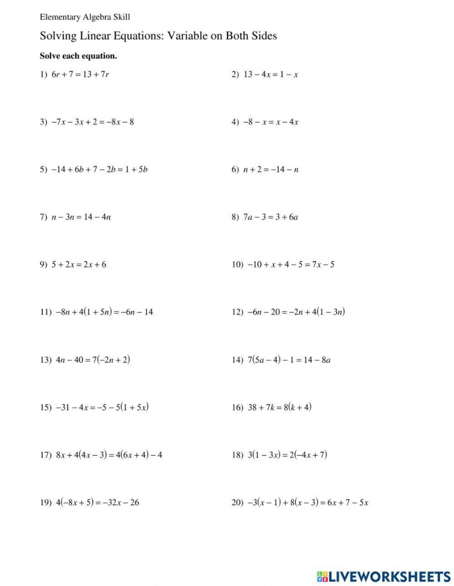 Solving equations with variables on both sides worksheet  Live