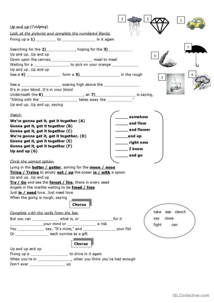 Song worksheet Up & up (Coldplay) so: English ESL worksheets pdf