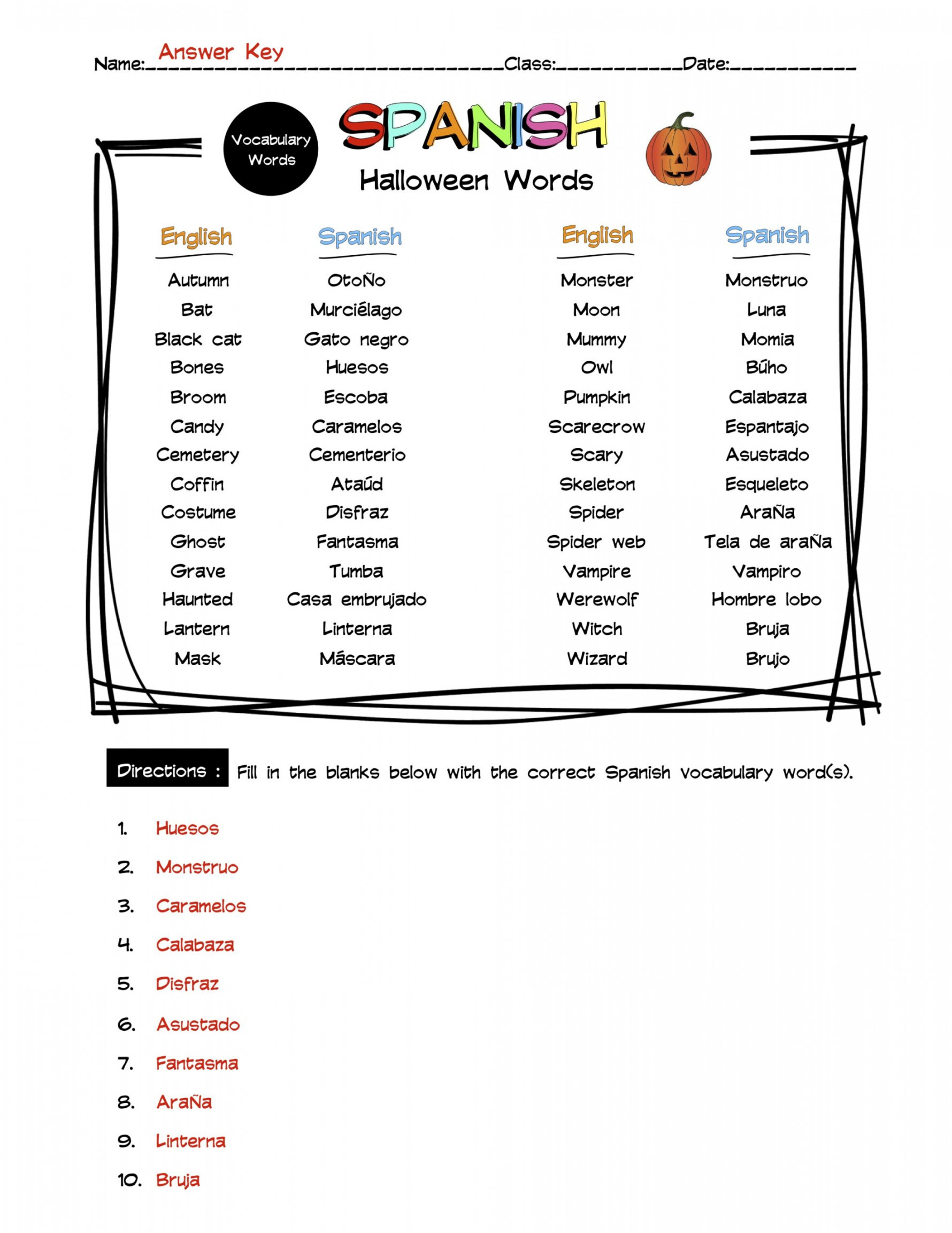 Spanish Halloween Vocabulary Word List  Made By Teachers