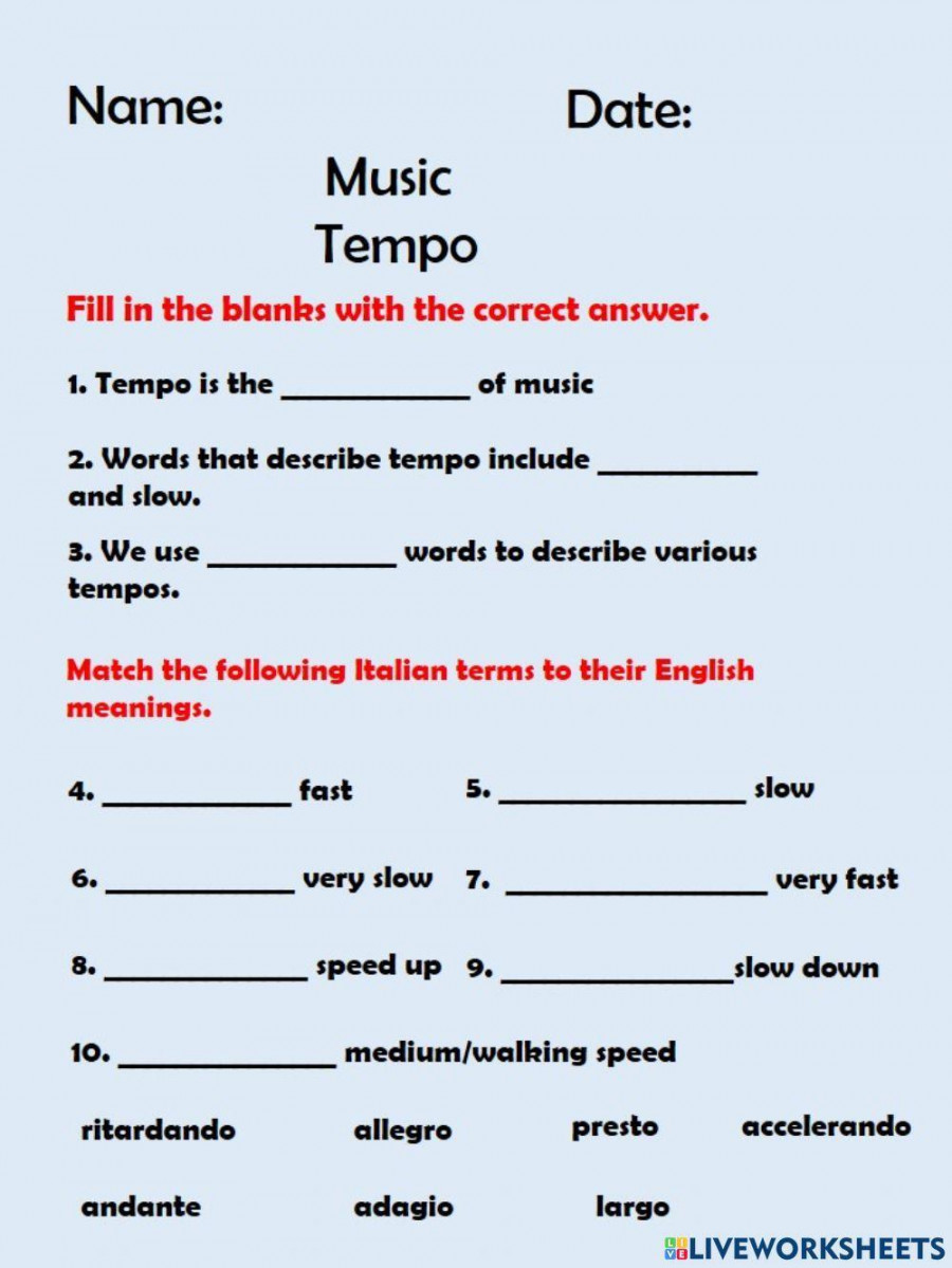 Tempo in Music worksheet  Live Worksheets