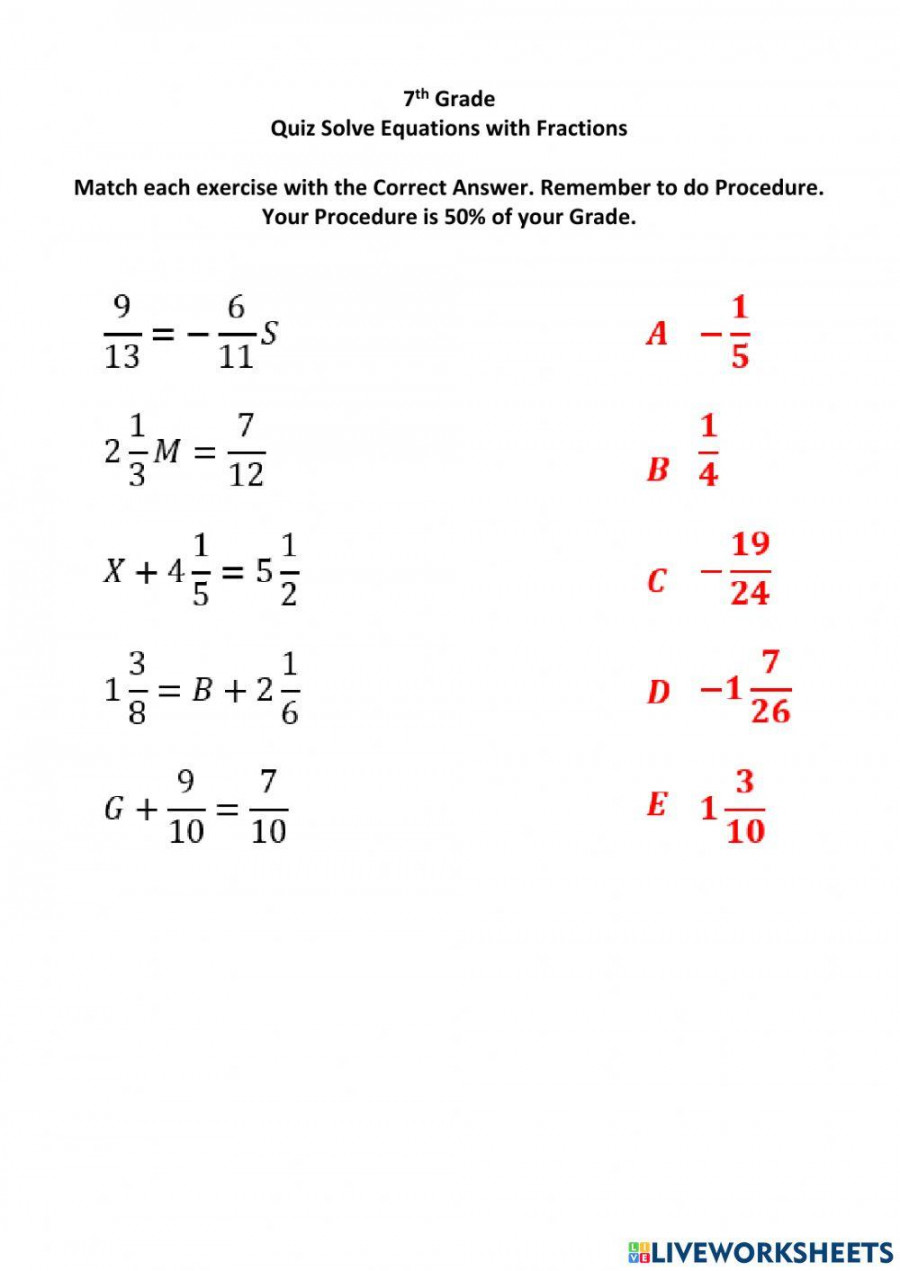 th Quiz Equations with Fractions worksheet  Live Worksheets