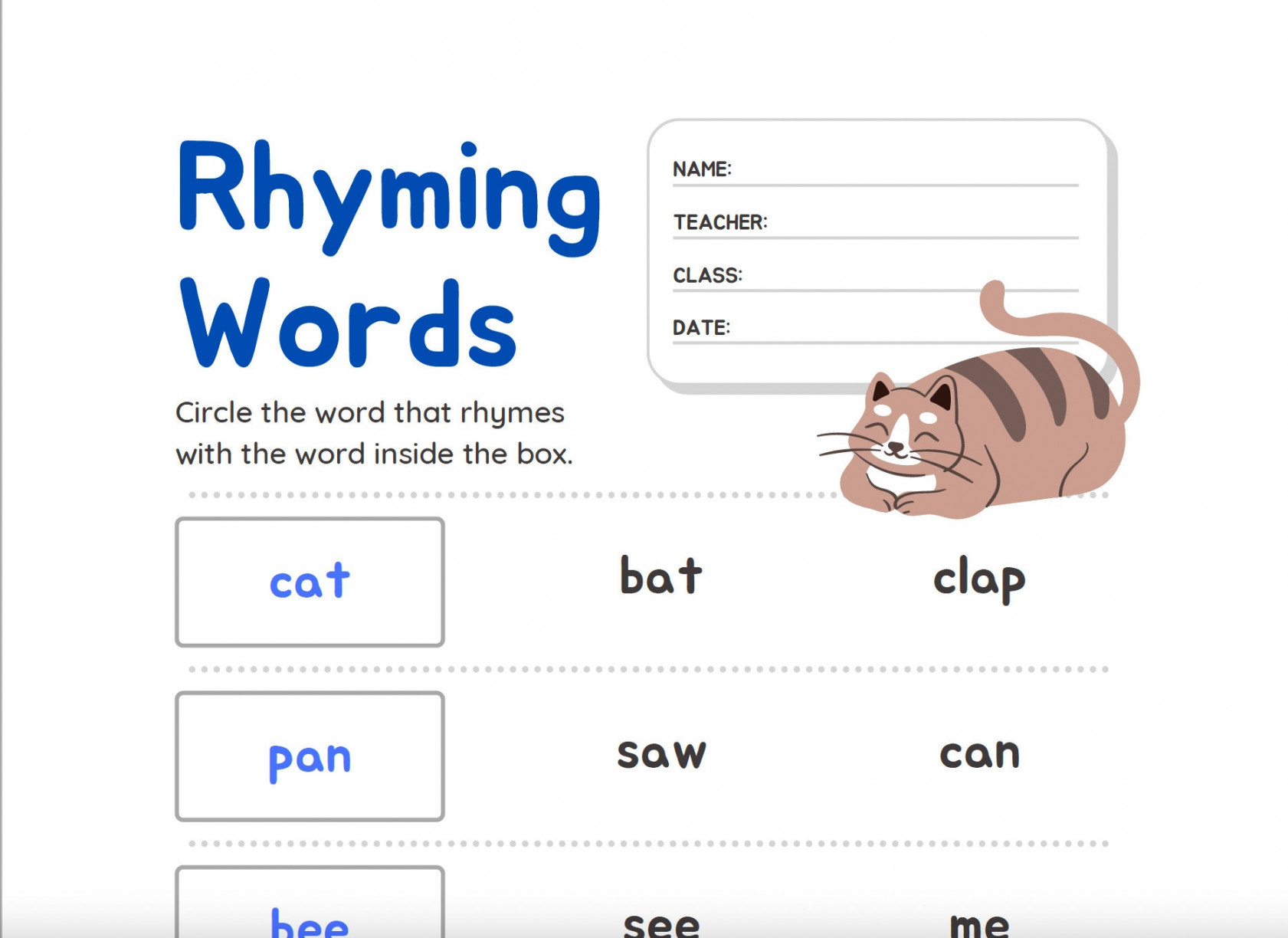 The at Rhyming Words Worksheet - Etsy