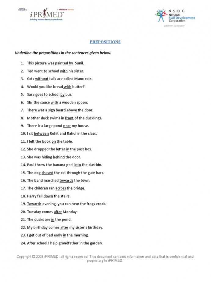 Underline The Prepositions in The Sentences Given Below  PDF