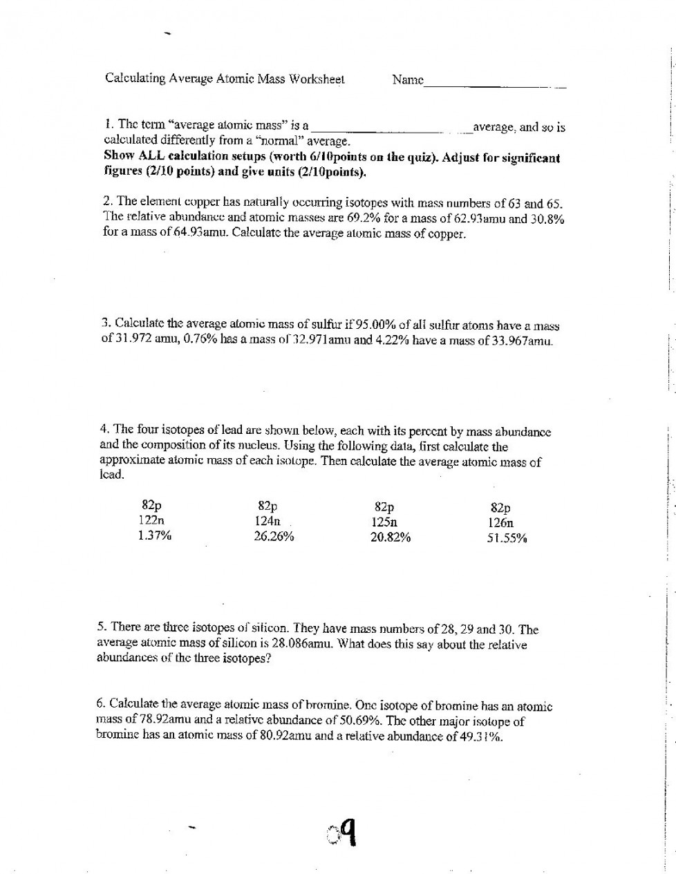 Unit--Calculating Average Atomic Mass Worksheet-cglass  St