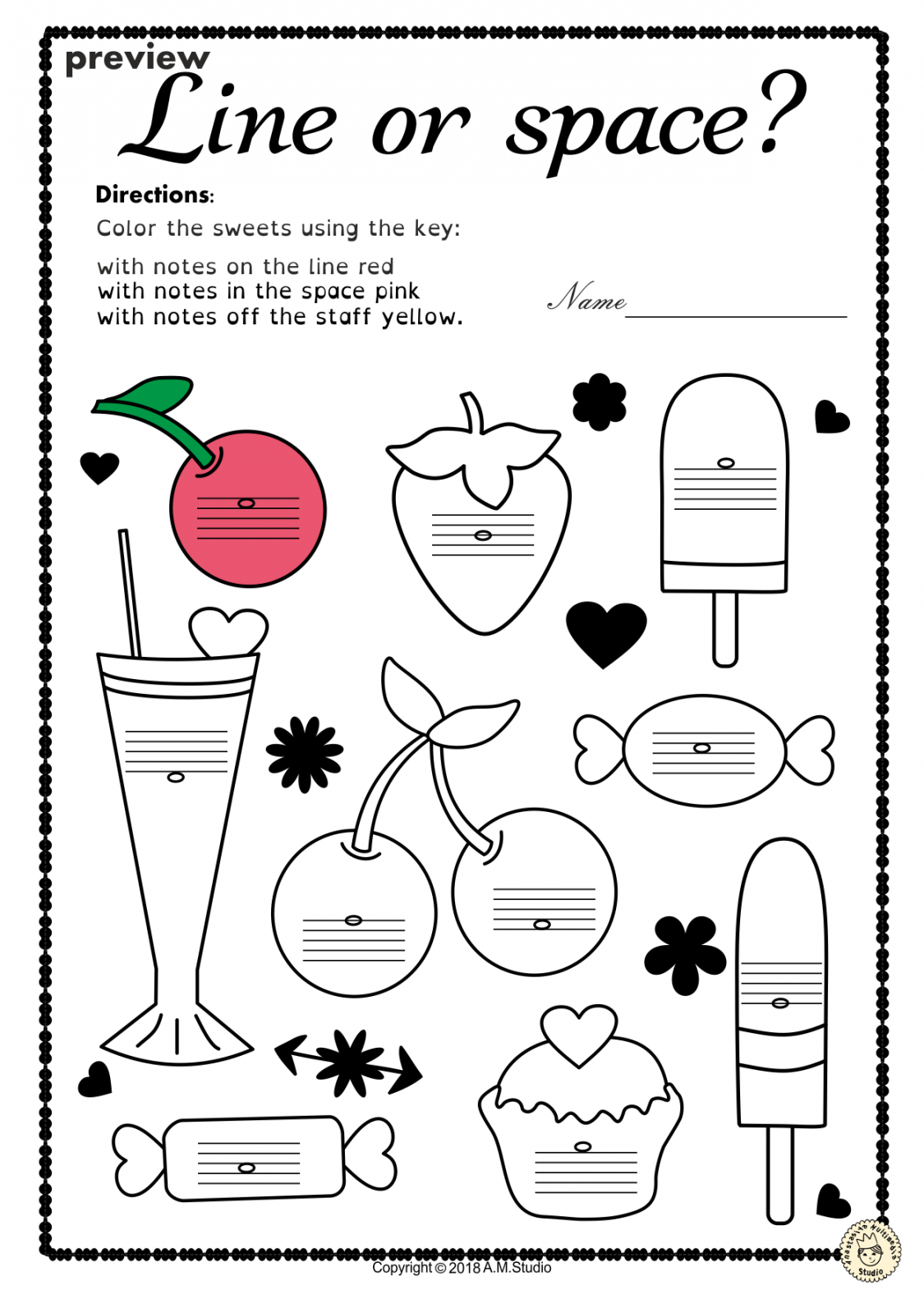 Valentine`s Day Music Worksheets Line-Space, High-Low