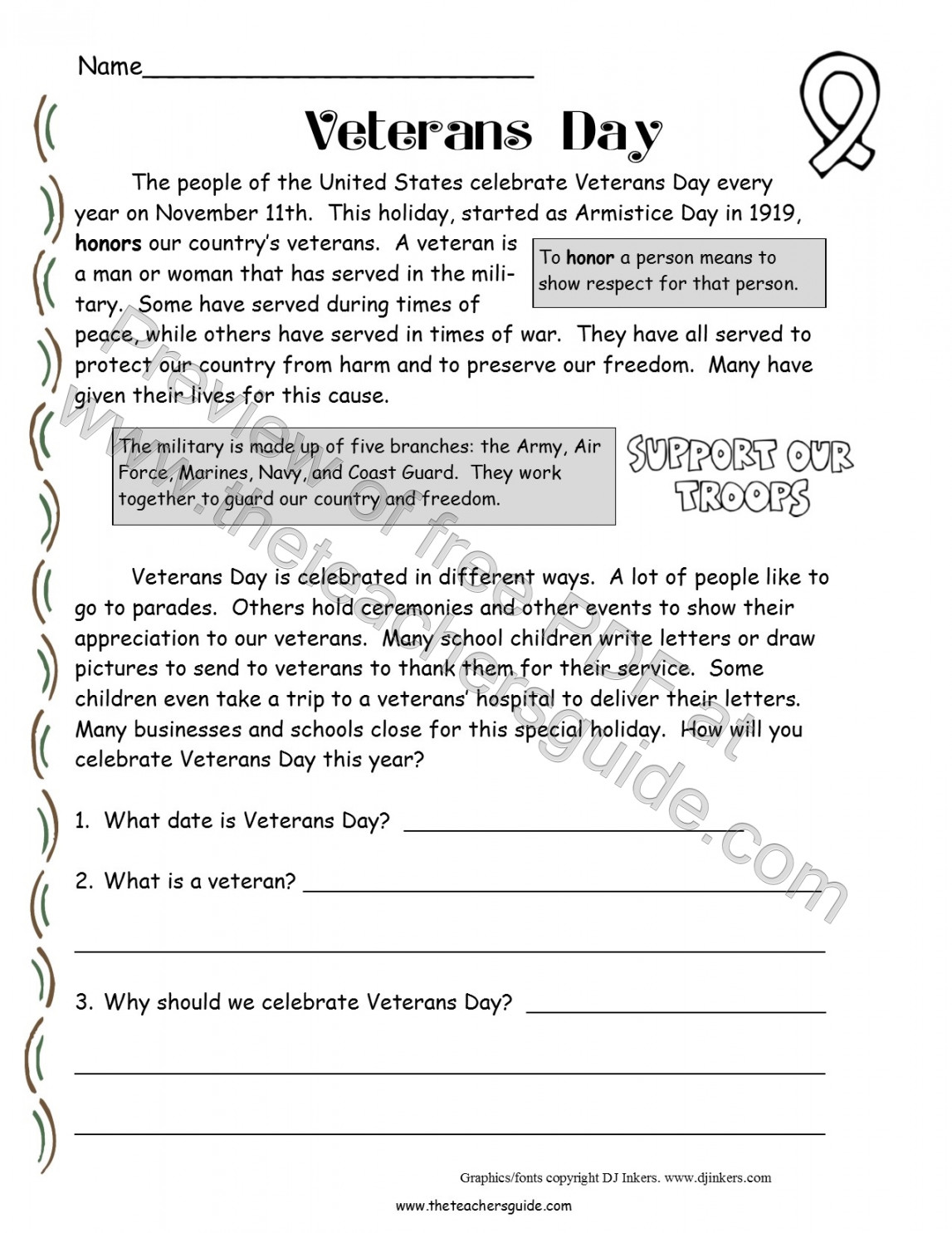 Veterans Day Printouts from The Teacher