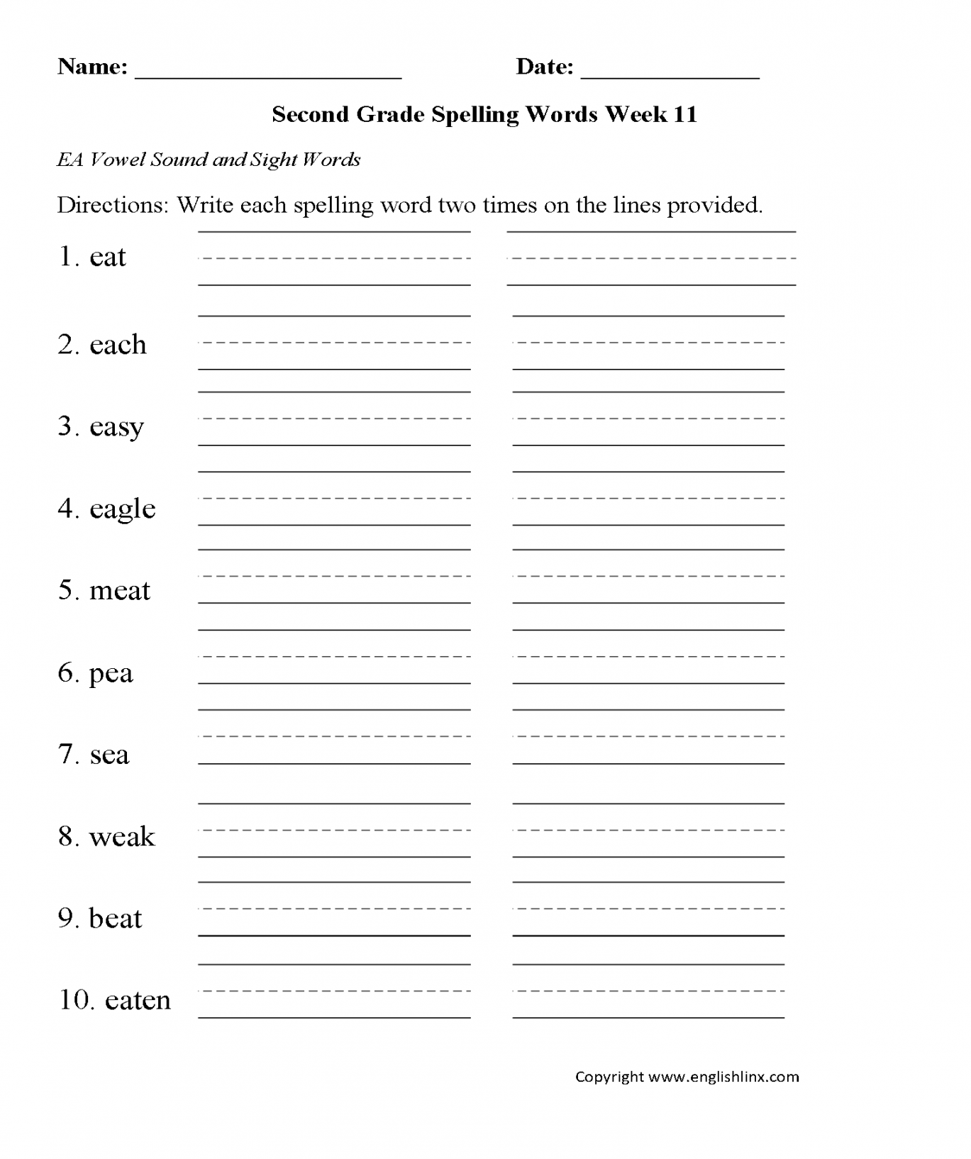 Week  EA Vowel Second Grade Spelling Worksheets  Grade spelling