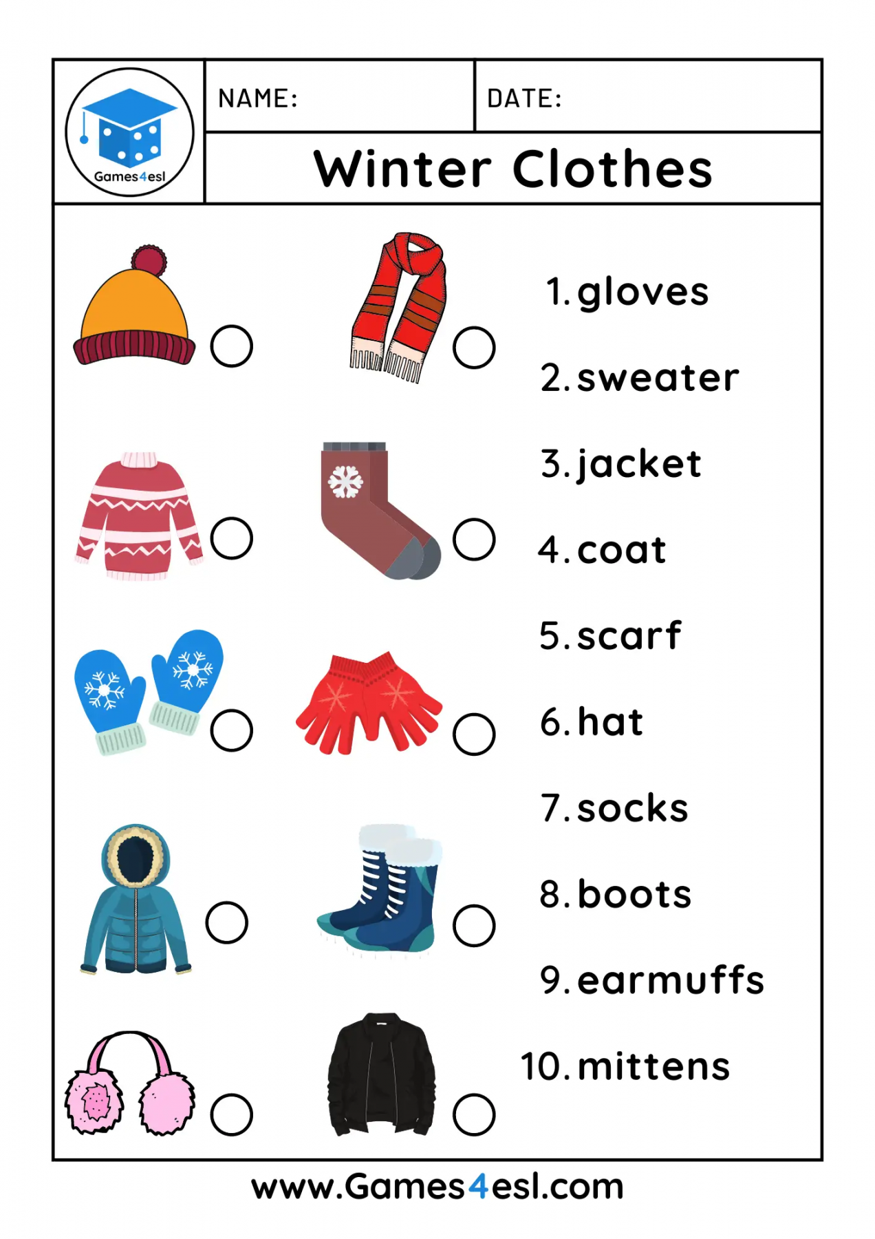 Winter Clothes Worksheets  Gamesesl