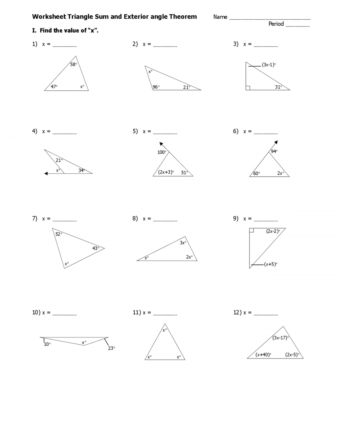 Worksheet Triangle Sum and Exterior angle Theorem  Slides