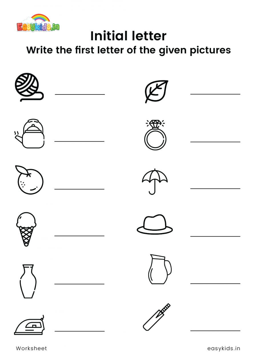 Write the first letter of the given pictures worksheet - EasyKids