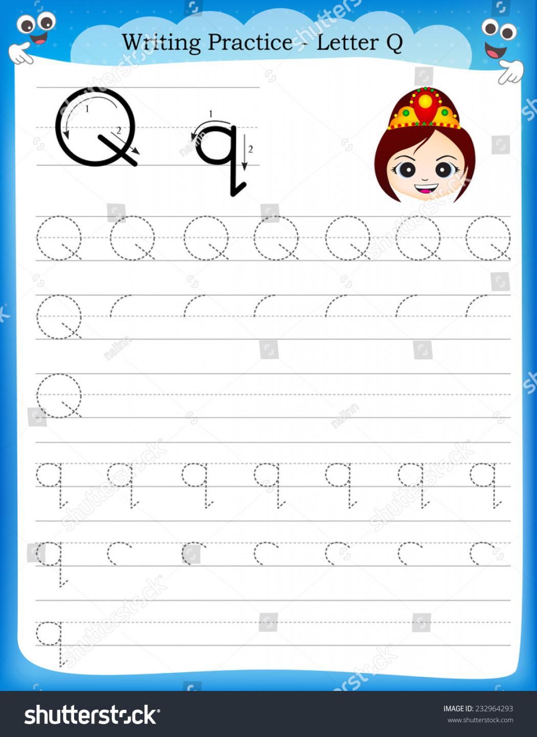 Writing Practice Letter Q Printable Worksheet: стоковая векторная