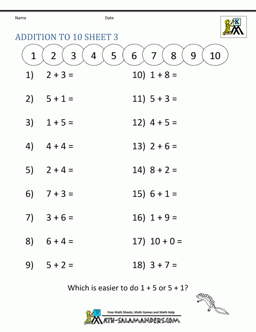 Addition Math Worksheets for Kindergarten