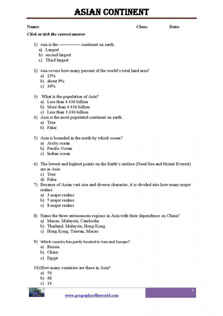 Asia continent printable worksheet pdf  Geography worksheets