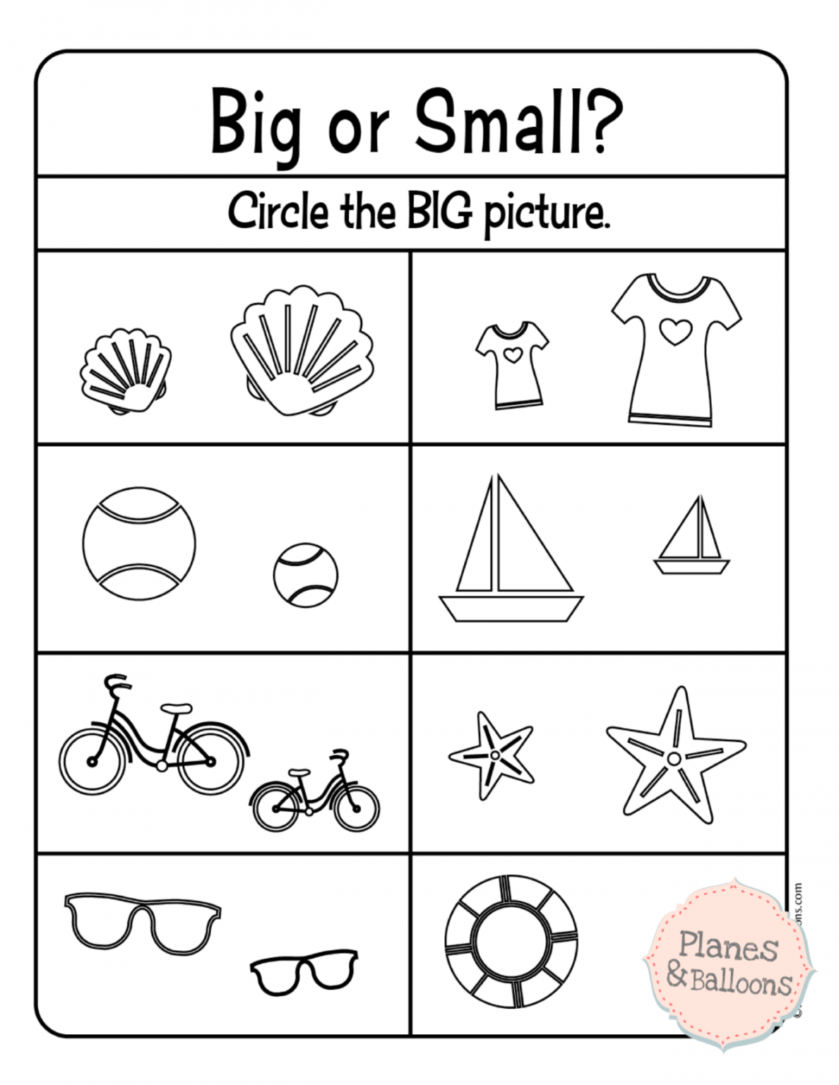 Big And Small Worksheets PDF - Planes & Balloons  Free preschool