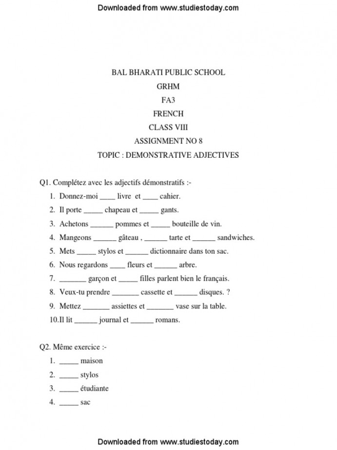 CBSE Class  French Worksheet  PDF