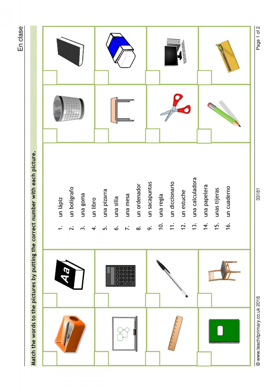 Classroom objects  school  vocabulary match  KS Spanish  Teachit