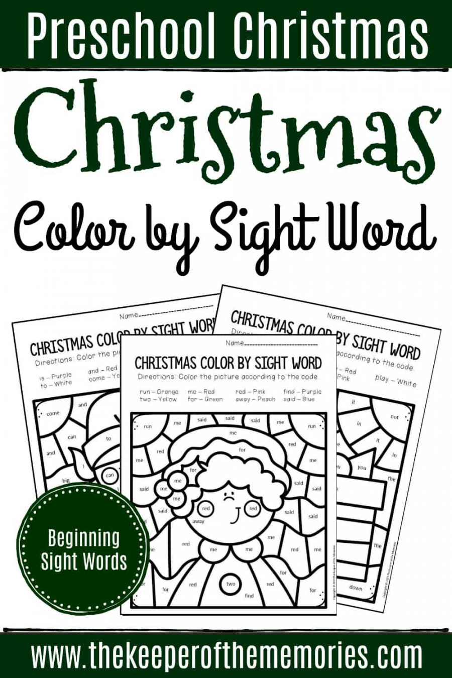 Color by Sight Word Christmas Preschool Worksheets