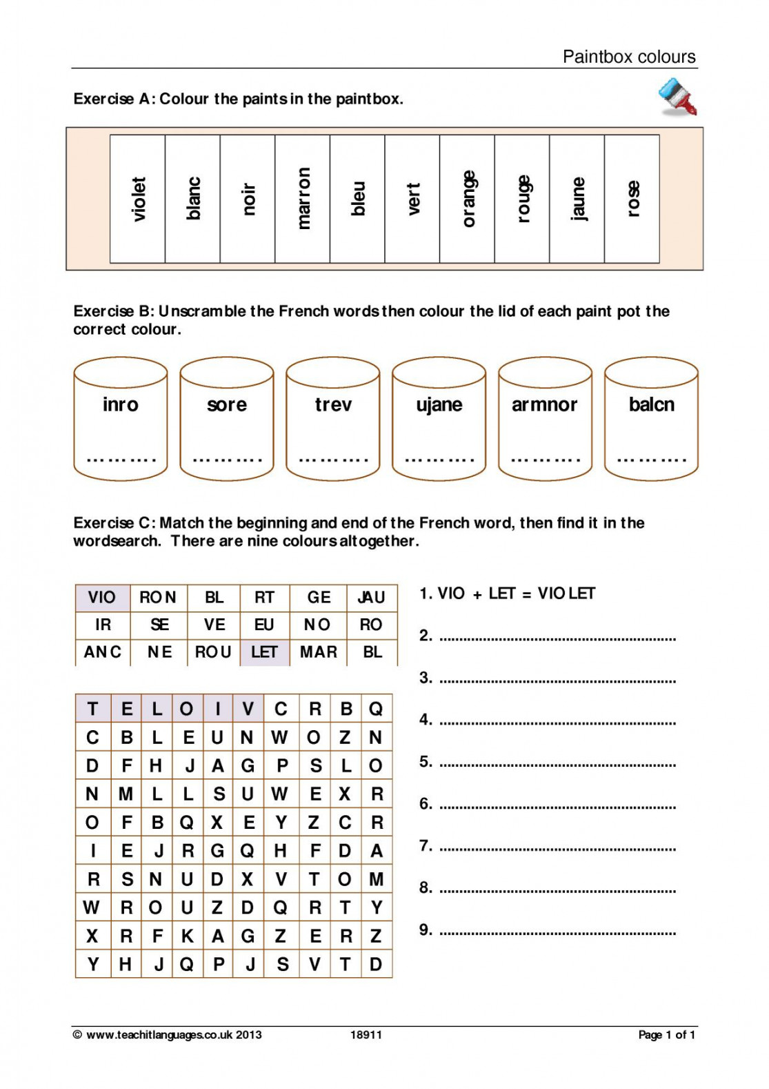 Colours worksheet  Vocabulary  KS French teaching resource