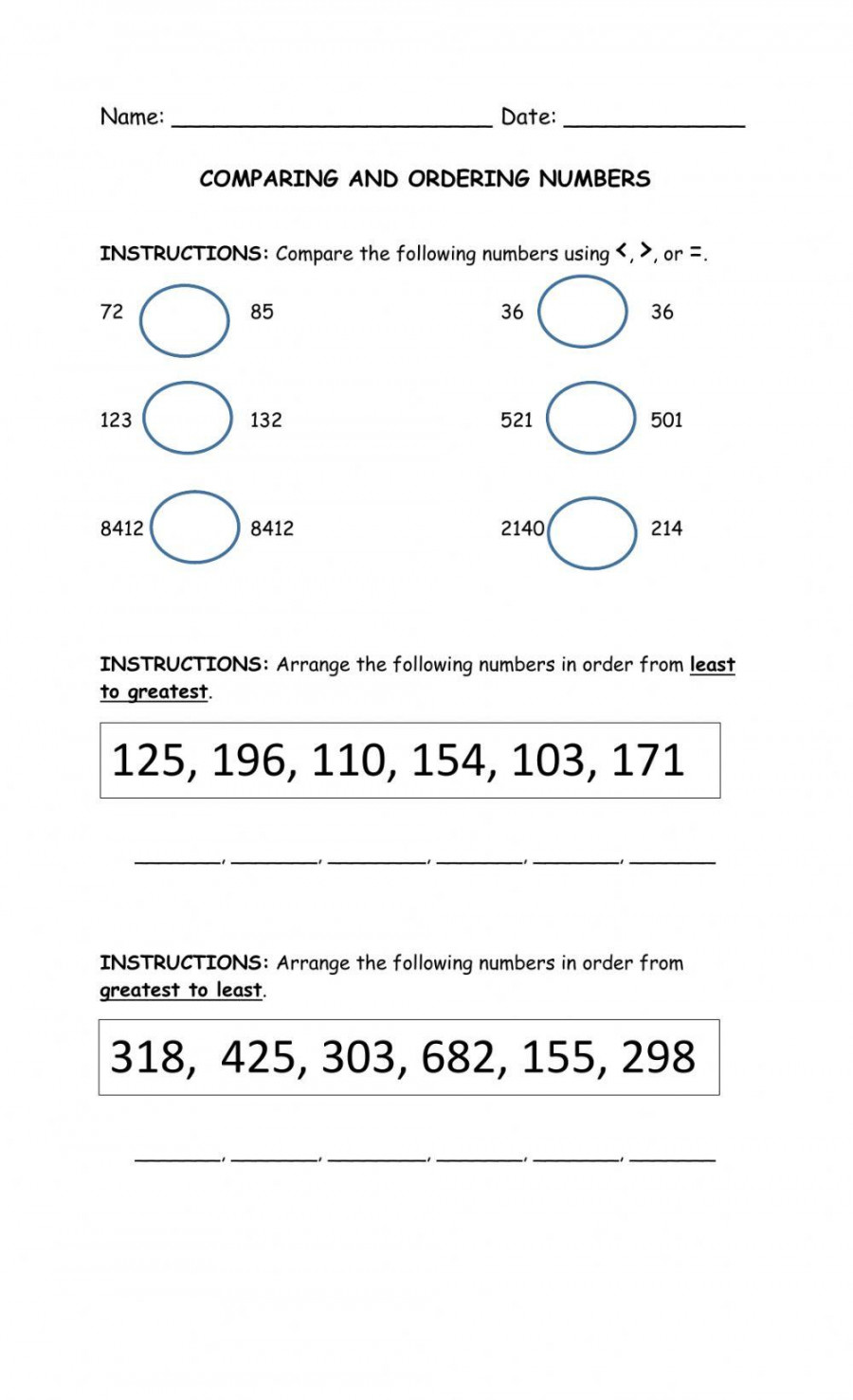 Comparing and Ordering Numbers interactive worksheet  Live Worksheets