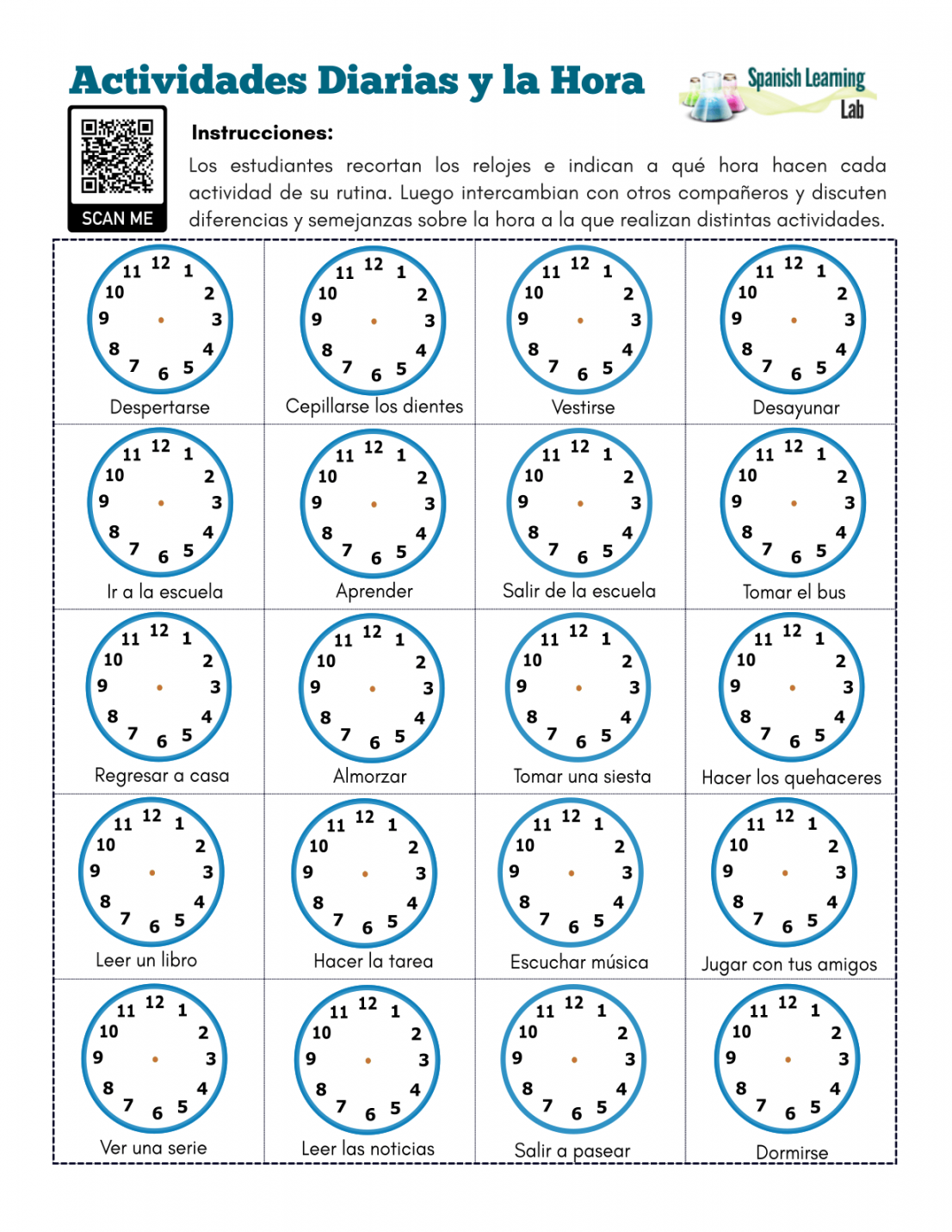 Daily Activities & Time in Spanish - PDF Worksheet - Spanish