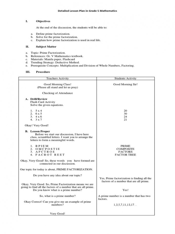 Detailed Lesson Plan in Grade  Mathematics  PDF  Prime Number