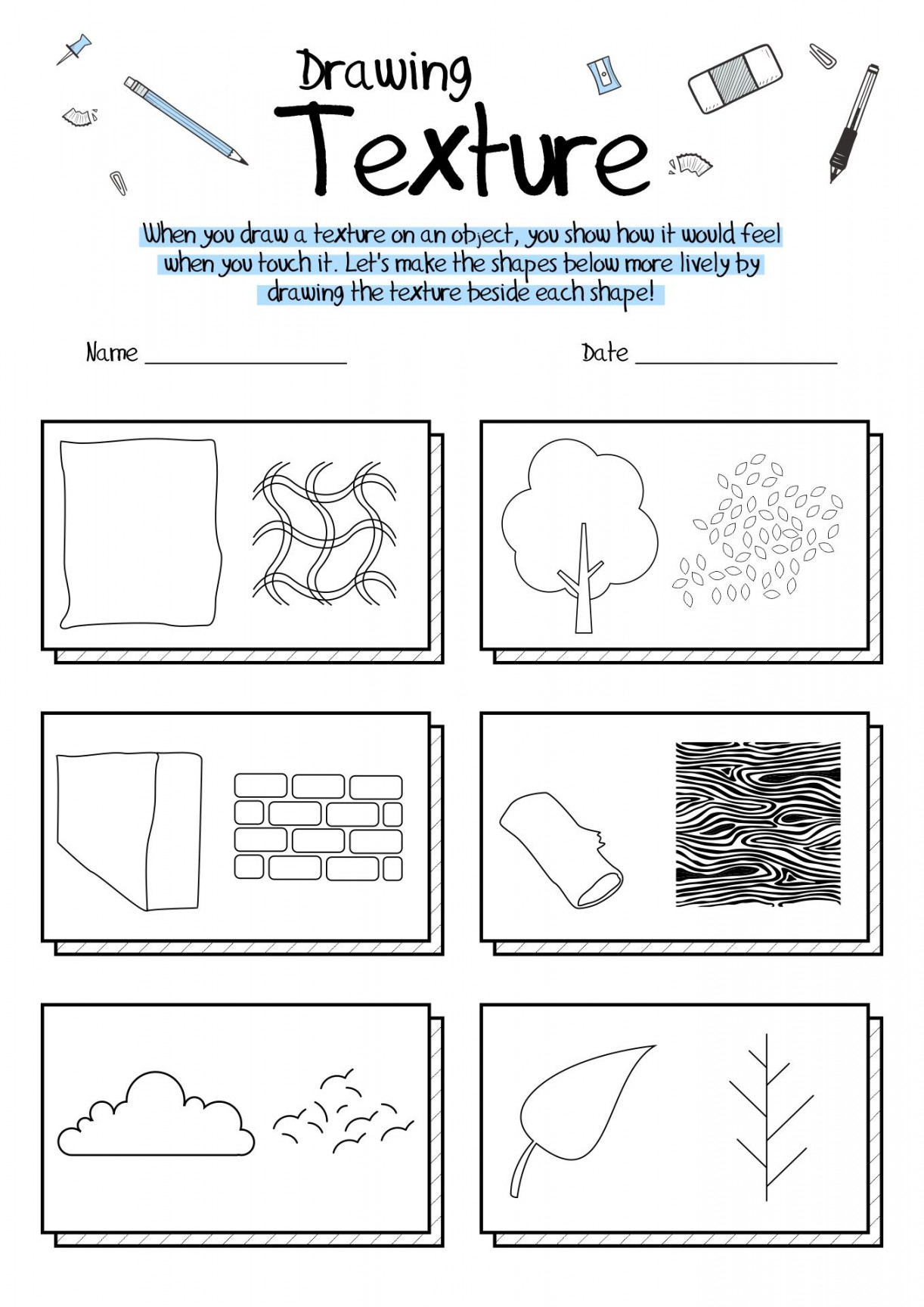 Drawing Texture Worksheet  Texture drawing, Elements of art