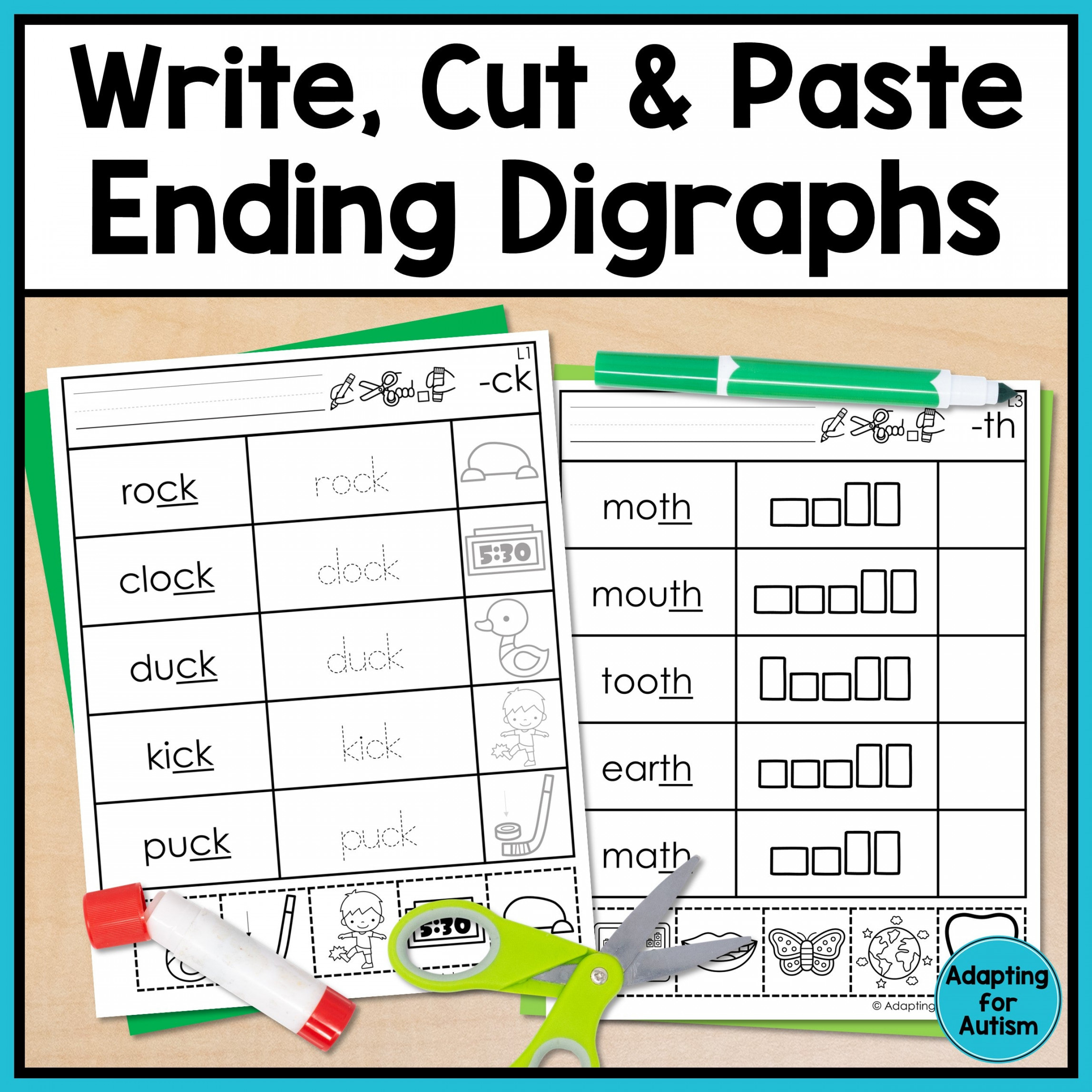 Ending Digraphs Phonics Activities: Cut and Paste Activities for