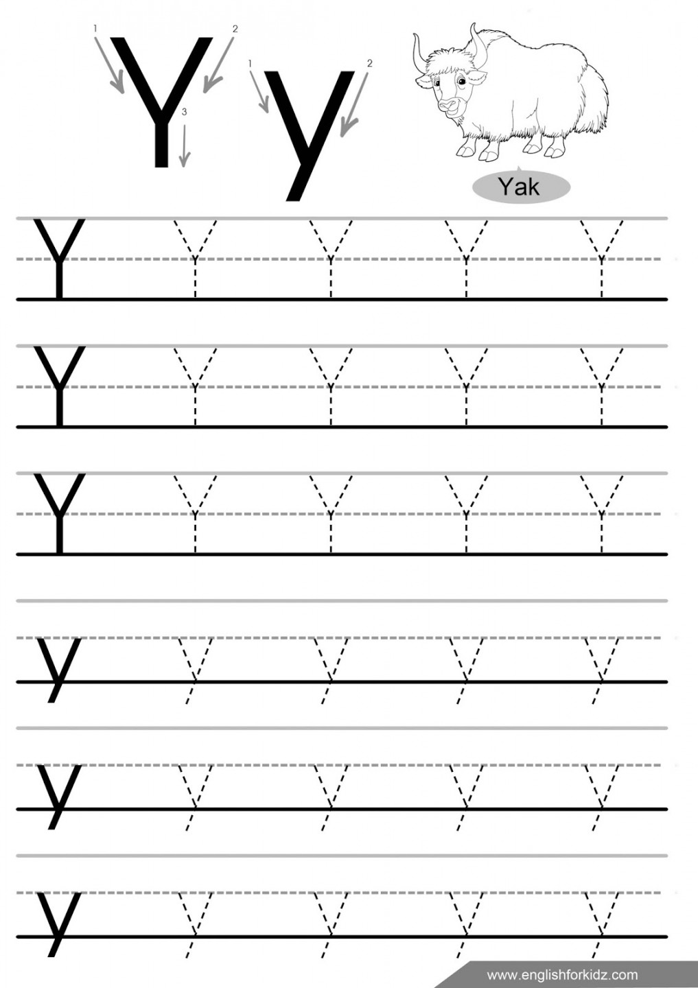 English for Kids Step by Step: Letter Y Worksheets, Flash Cards