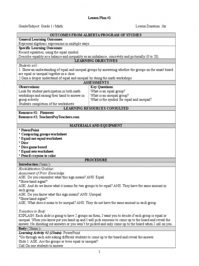 Equal or Unequal Lesson Plan  PDF  Educational Assessment