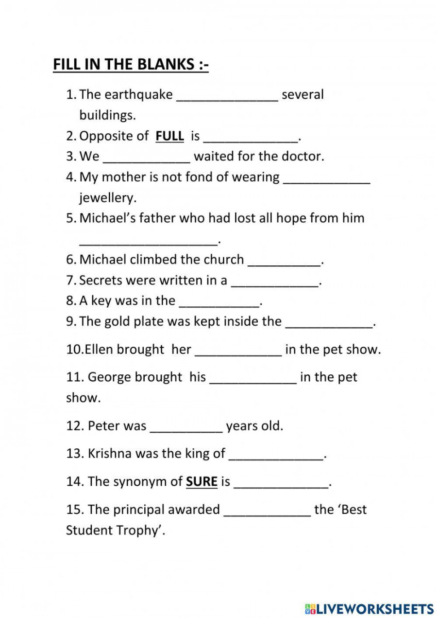 Fill in the blanks interactive worksheet for Grade   Live Worksheets