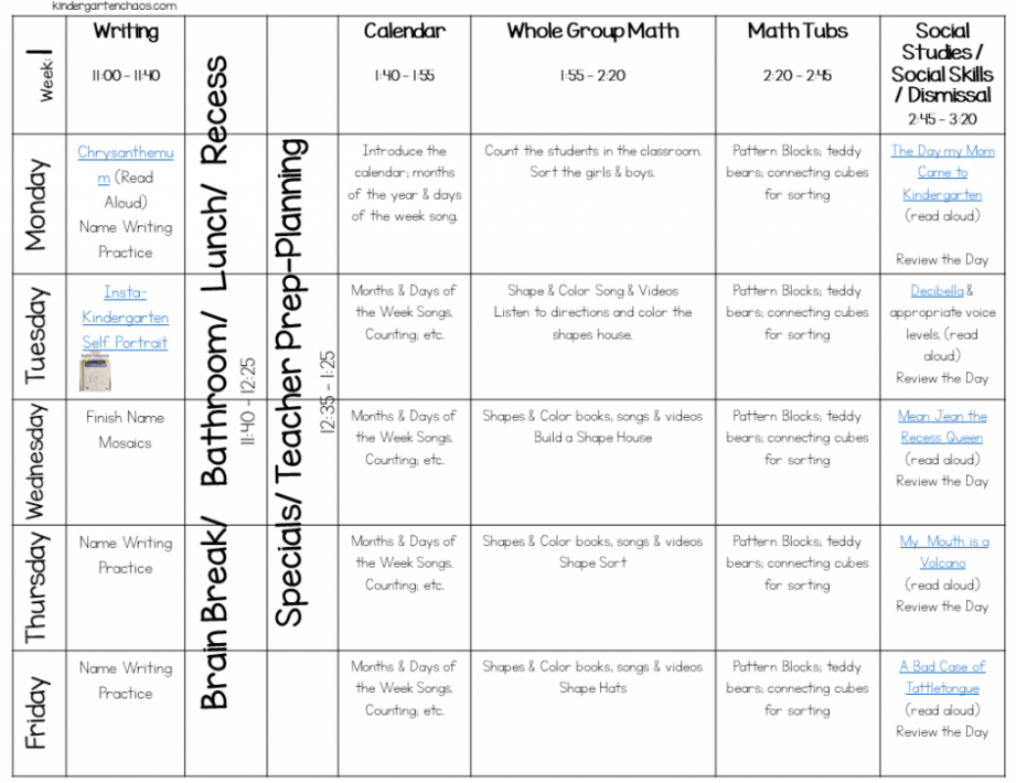 First Week Of School Lesson Plans For Kindergarten