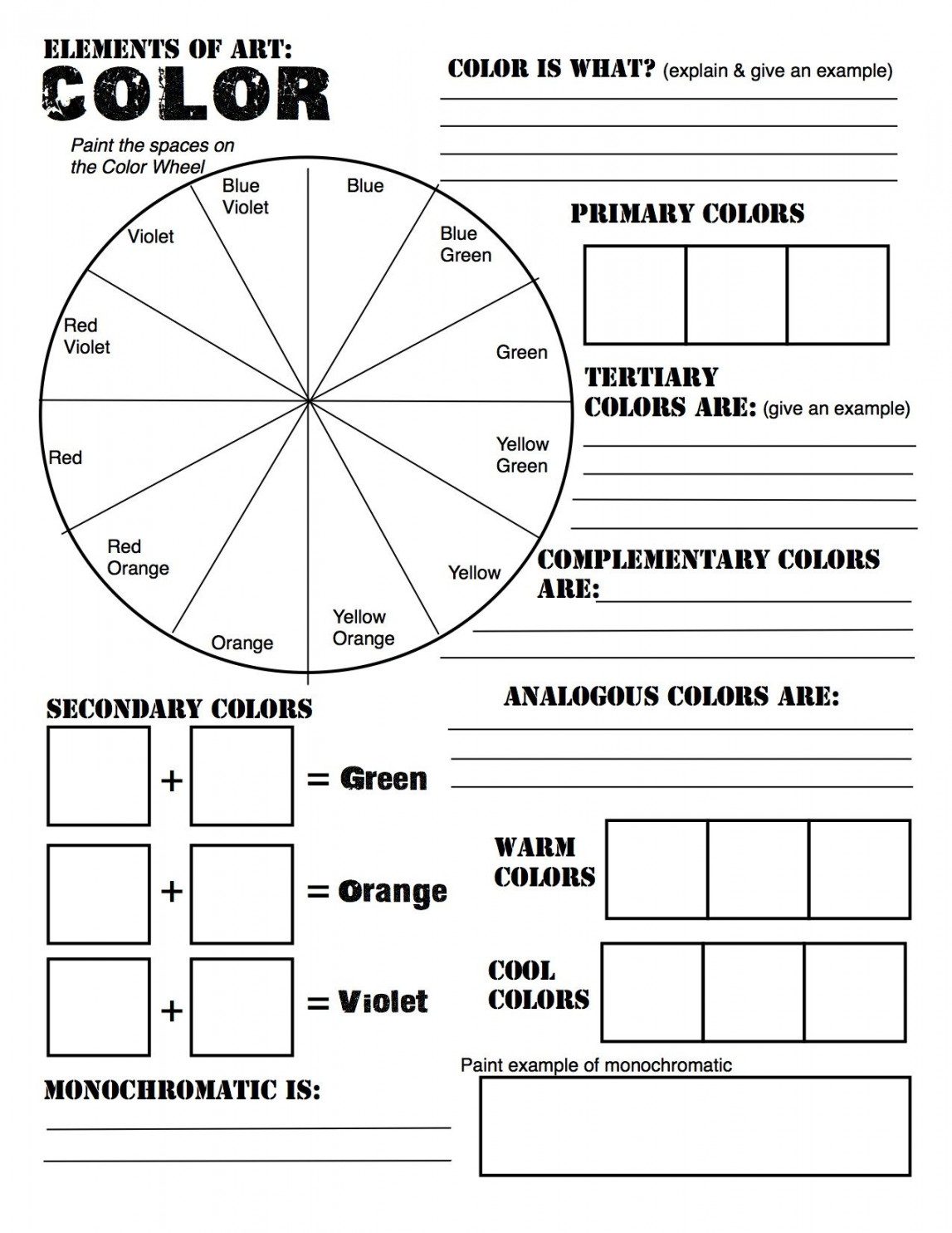 Free Elements of Art and Color Wheel Worksheets  Elements of art