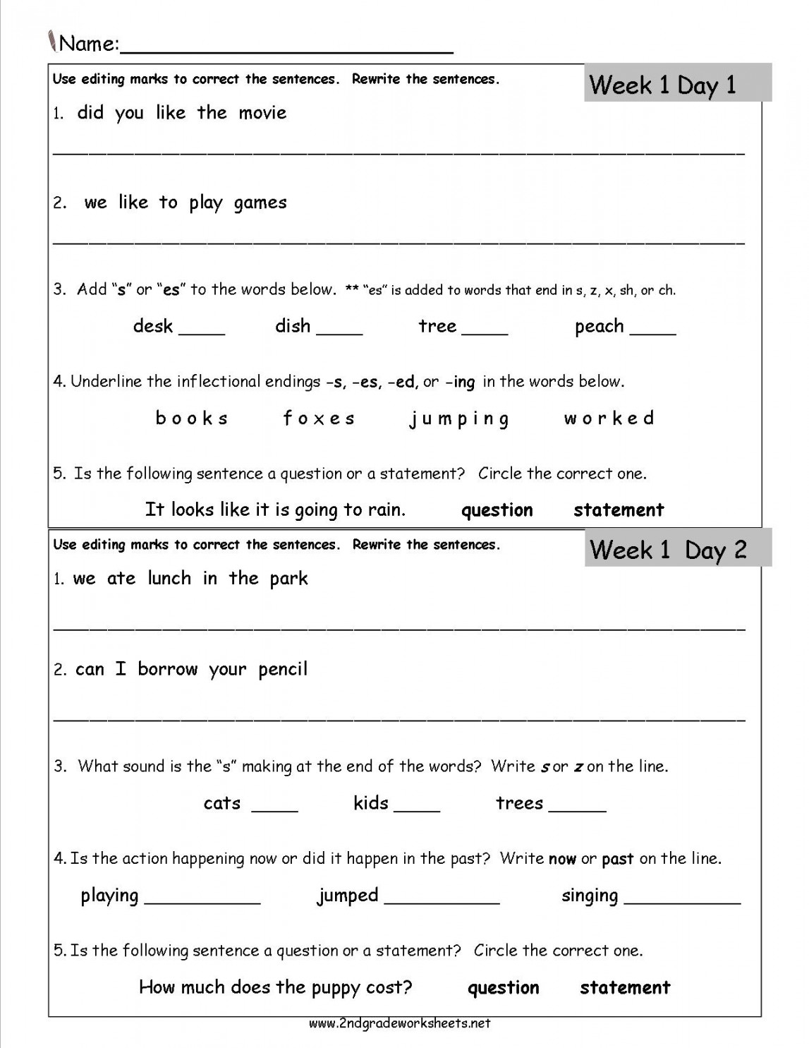 Free nd Grade Daily Language Worksheets