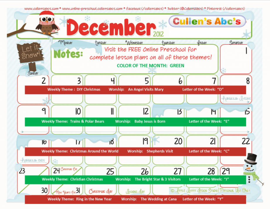 FREE Online Preschool December  Theme Calendar http://online