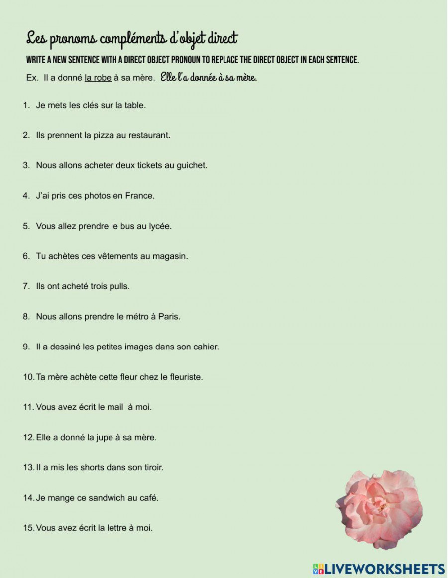 French direct object pronoun worksheet worksheet  Live Worksheets