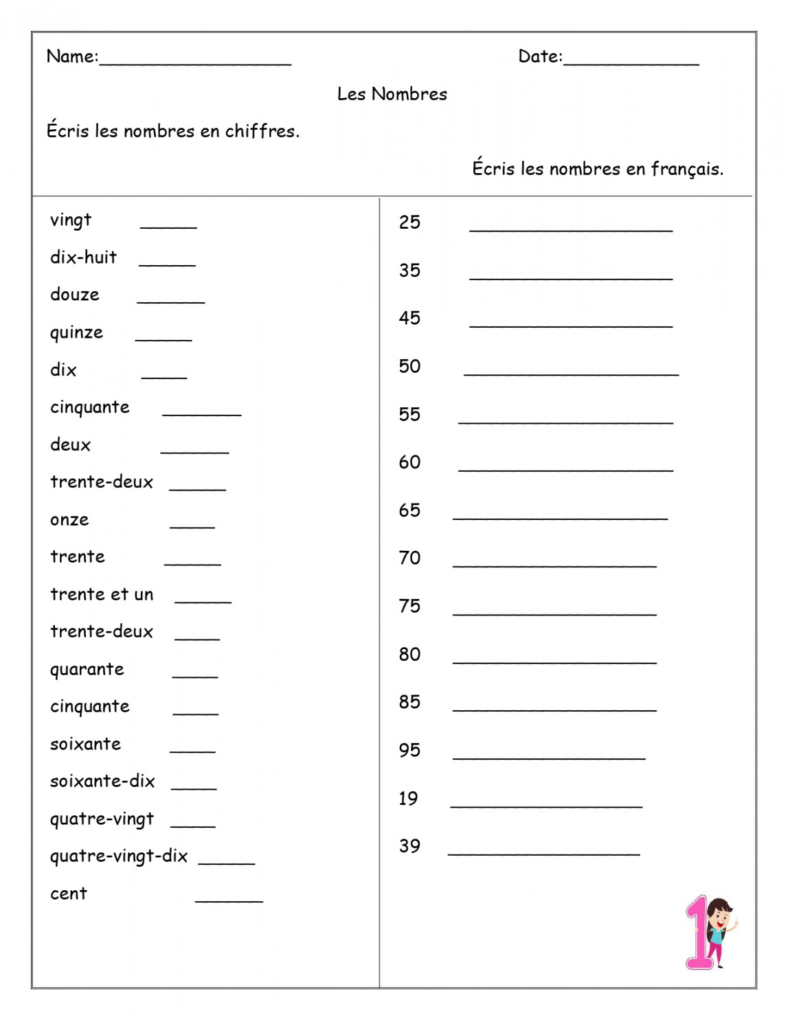 French Numbers (Les Nombres) Worksheets  Made By Teachers