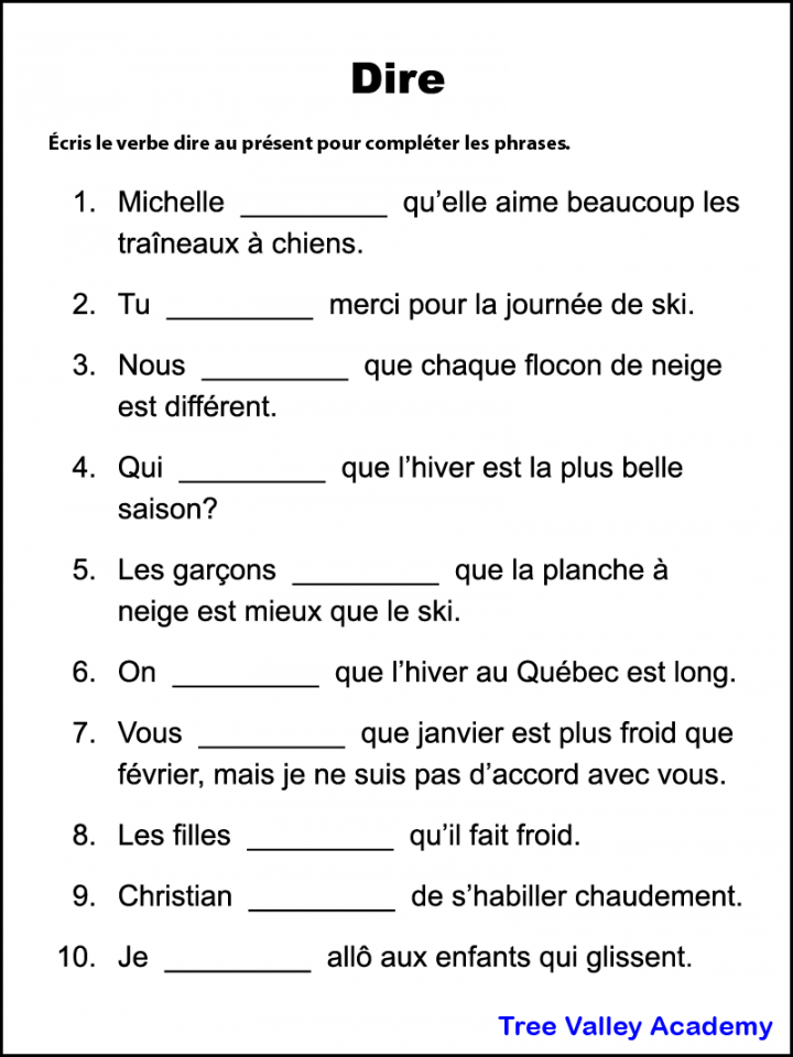 French Verb Worksheet for the Verb Dire - Tree Valley Academy