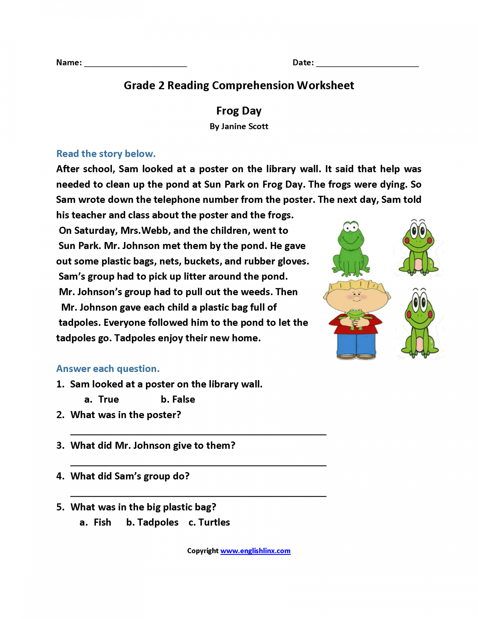 Frog Day Second Grade Reading Worksheets  Reading comprehension