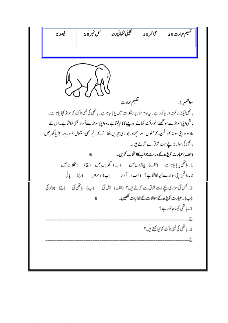 Grade  level Urdu assessment exam paper- comprehension, creative