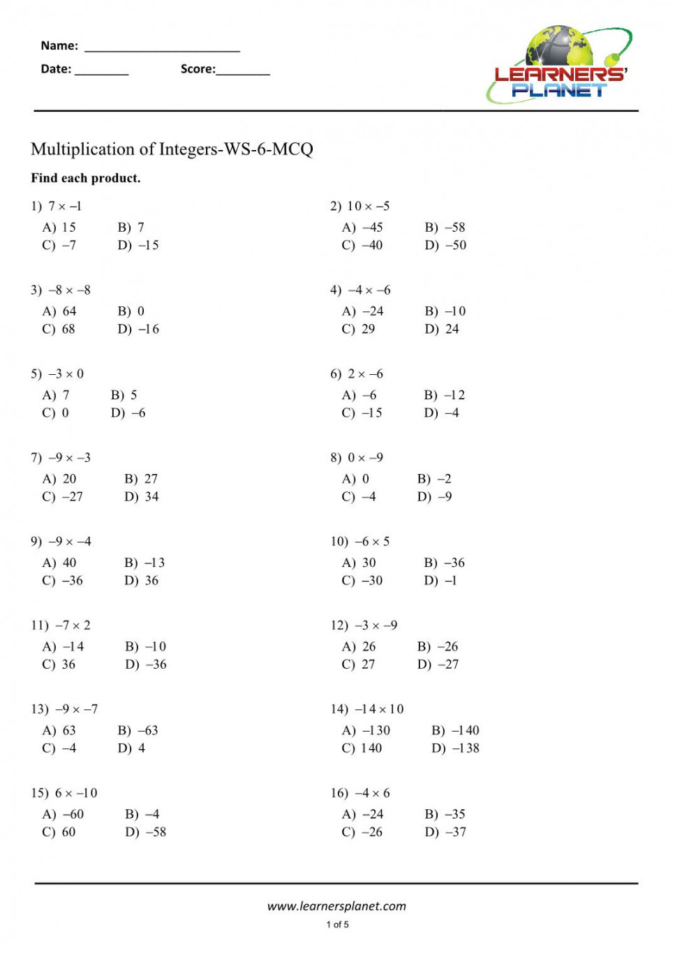 Grade  math worksheets multiplying integers